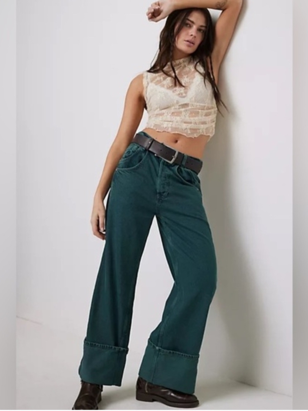 Teal Wide-Leg Women’s Jeans - Casual High-Waist Style